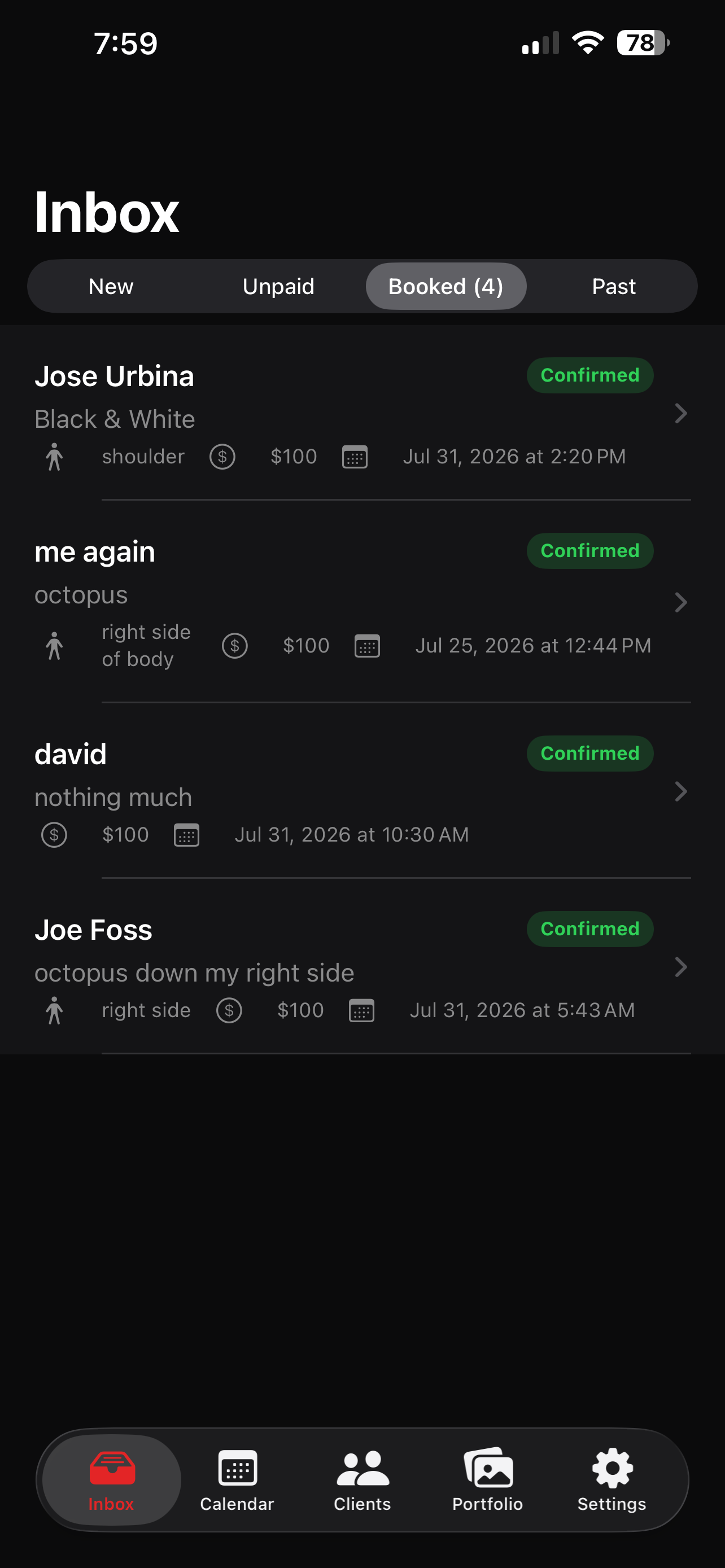 The booking inbox with a new request